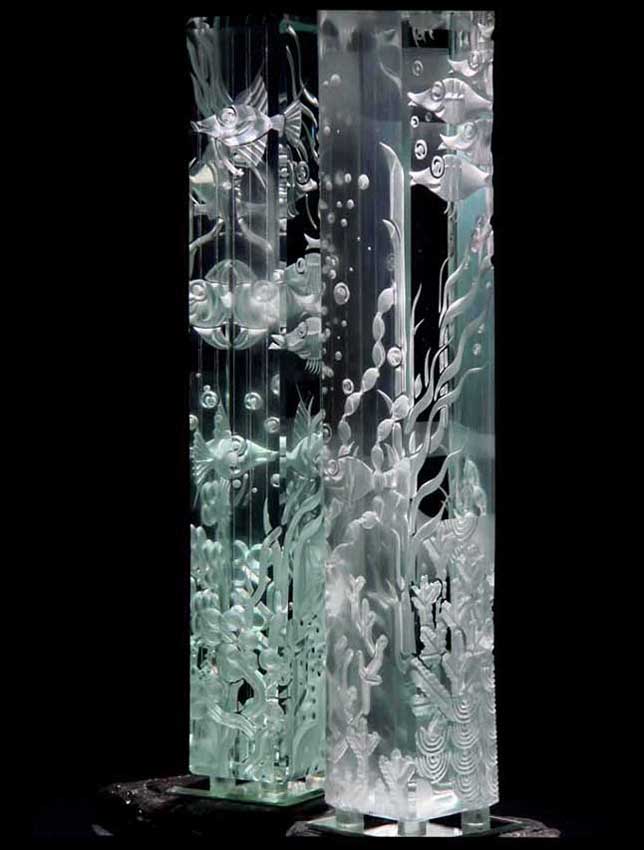Accueil : portfolio la nature, aquarium dyptique sculpté au jet de sable pièce unique verre et schiste
