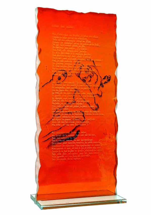 Accueil : portfolio l'humain, cantique des cantiques, ensemble sculpté et gravé au jet de sable, verre,verre St Just, ,poème manuscrit gravé encrage lithographique,pièce unique