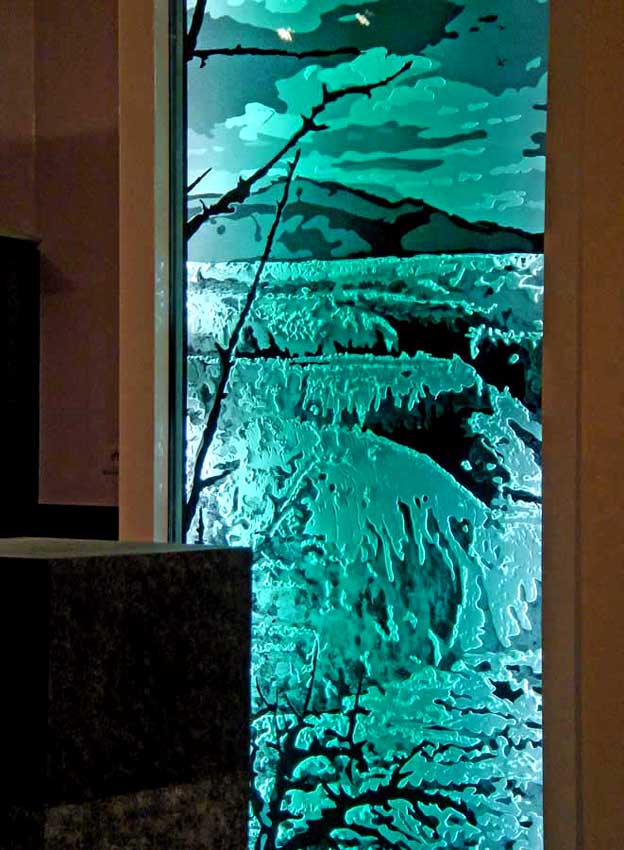 Accueil : portfolio déco,projet 4, écran lumineux dalle de verre gravée éclairée,inspiration concrétions calcaire Yosemite park USA (détail)