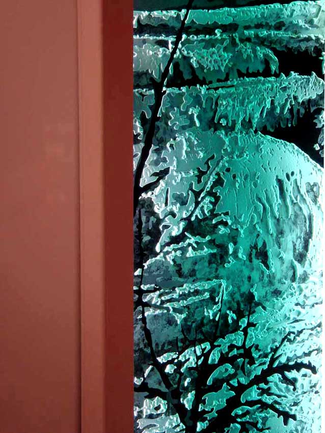 Accueil : portfolio déco,projet 4, écran lumineux dalle de verre gravée éclairée,inspiration concrétions calcaire Yosemite park USA (détail)