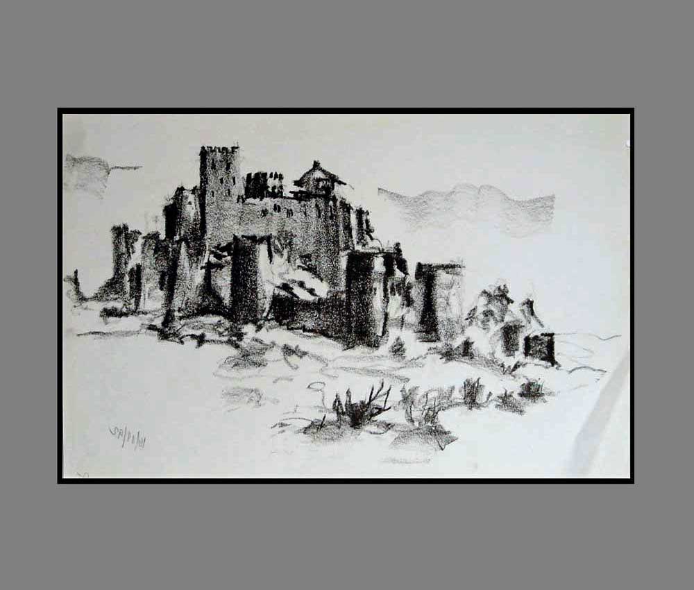 Accueil : portfolio dessin,carnet de voyage, sketching book, Castillo de Monte Aragon Huesca España ,crayon lithographique gras sur papier