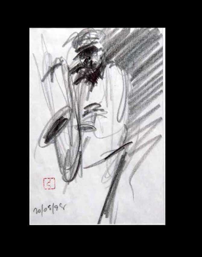 Accueil : portfolio dessin,jazz, sketching jazz ,croquis de concert Kenny Garrett 1998 ,mine de plomb sur bloc sténo