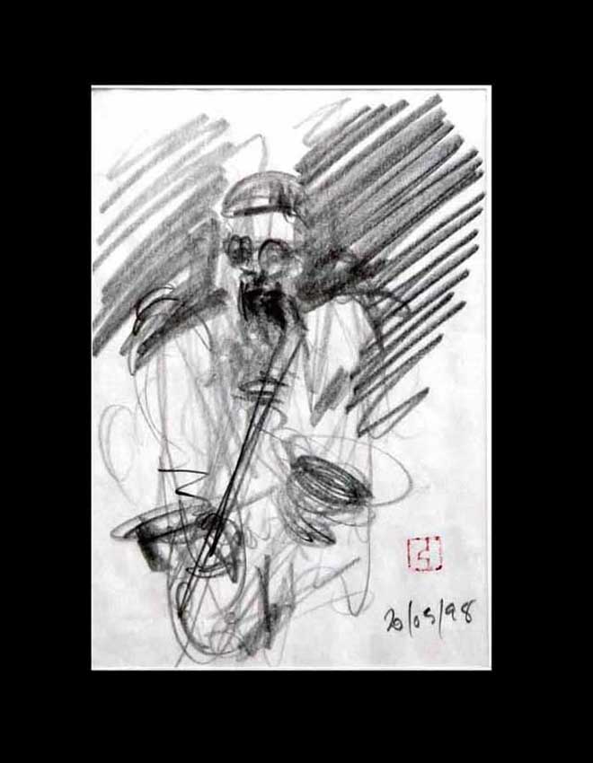 Accueil : portfolio dessin,jazz, sketching jazz ,croquis de concert Kenny Garrett 1998 ,mine de plomb sur bloc sténo